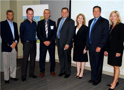 Representatives from Forrest Innovations, BioSTL and BRDG Park, along with officials from various economic development organizations, attended an event welcoming Forrest Innovations to St. Louis on July 16, 2015.