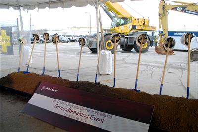 A groundbreaking ceremony was held in December, 2014, celebrating Boeing’s announcement that it will begin building parts for its 777X commercial aircraft in St. Louis. Boeing plans to make a “significant capital investment” at its St. Louis composites facility, creating 700 jobs in the region, officials said. When production begins in 2017 it will mark the first time production of Boeing commercial plans will take place in Missouri.