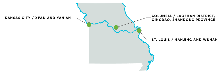 Kansas City : Xi'an and Yan'an / Columbia: Laoshan District, Qingdao, Shandong Province / St. Louis : Nanjing and Wuhan /