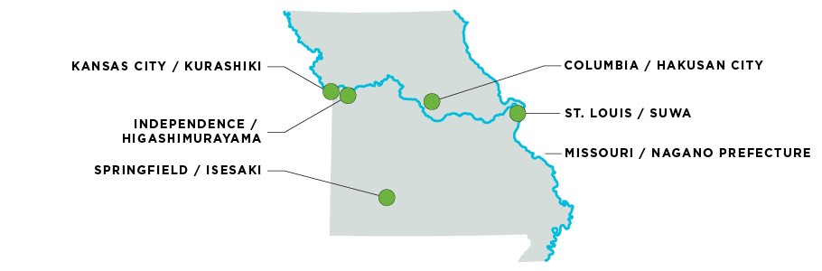 Kansas City: Kurashiki / Independence: Higashimurayama / Columbia: Hakusan City / St. Louis: Suwa / Springfield: Isesaki / Missouri: Nagano Prefecture / 